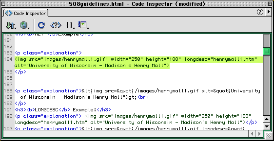 In Code Inspector inside the IMG tag enter the LONGDESC attribute